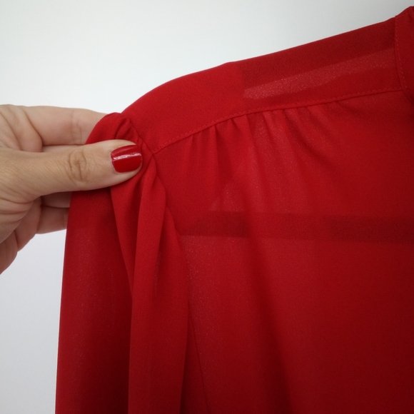 Vintage Ms. Chaus Red Dress 100% Polyester Hidden Buttons Pockets Sheer 10 - Picture 5 of 12